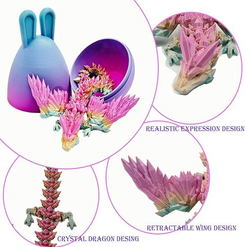 Muimray تنين مطبوع ثلاثي الأبعاد في بيضة مع جناح، تنين كريستال تنين مفصلي بالكامل مع بيض آذان الأرنب، ألعاب تململ تنين كريستال، ألعاب تململ للأطفال والكبار هدايا (بيضة أرنب) in Kuwait