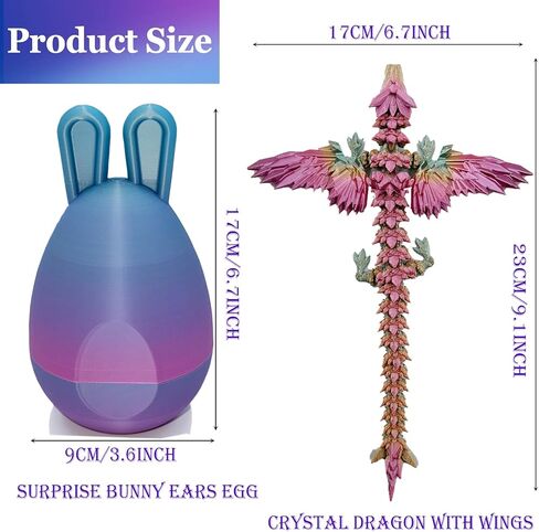 Muimray تنين مطبوع ثلاثي الأبعاد في بيضة مع جناح، تنين كريستال تنين مفصلي بالكامل مع بيض آذان الأرنب، ألعاب تململ تنين كريستال، ألعاب تململ للأطفال والكبار هدايا (بيضة أرنب) in Kuwait