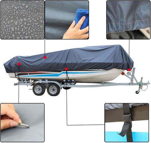 RainMan S مقاوم للماء 1719Ft 210D غطاء قارب رمادي ثقيل قابل للمقطورة لاستبدال VHull Fishing TriHull Runabout Bass Fish&Ski ProStyle طول LongBeam عرض يصل إلى 95 in Saudi Arabia