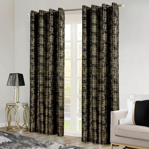 Black Curtains 96 Inches Long for Bedroom 2 Panels Set Heavy Velvet Weather Thermal Insulated Heat Sun Light Blocking Gold Glossy Lavish Sophisticated Window Covering Drapes Curtains for Living Room in Saudi Arabia