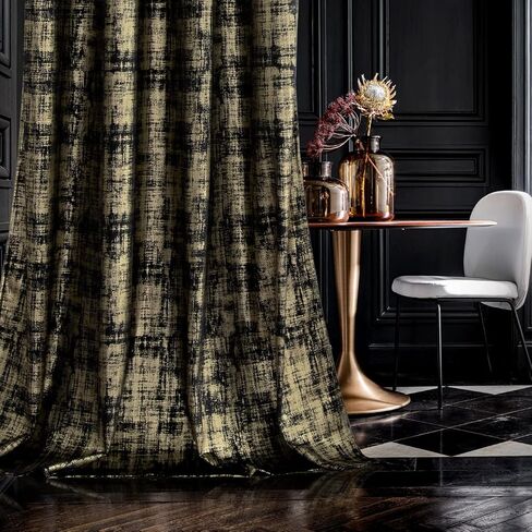 Black Curtains 96 Inches Long for Bedroom 2 Panels Set Heavy Velvet Weather Thermal Insulated Heat Sun Light Blocking Gold Glossy Lavish Sophisticated Window Covering Drapes Curtains for Living Room in Saudi Arabia