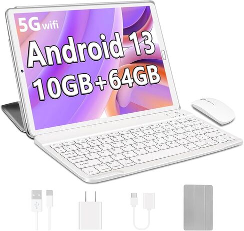 YESTEL Android 13 Tablet 2024 أحدث جهاز لوحي 10.1 بوصة مع معالج ثماني النواة، ذاكرة وصول عشوائي 10 جيجابايت + ذاكرة تخزين داخلية 64 جيجابايت (قابلة للتوسيع حتى 1 تيرابايت)، 5G WiFi، بلوتوث 5.0، GPS، مع لوحة مفاتيح وماوس - فضي in Saudi Arabia