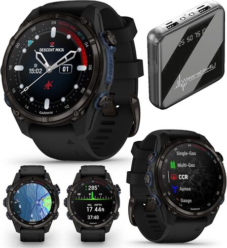 Wearable4U Garmin Descent Mk3 & Mk3i 51 مم و43 مم، كمبيوتر غوص من التيتانيوم + حزام طويل جدًا | عمر بطارية يصل إلى 25 يومًا، شاشة AMOLED، حزمة هدايا ساعة ذكية بنظام تحديد المواقع العالمي (010-02752-10) in Saudi Arabia
