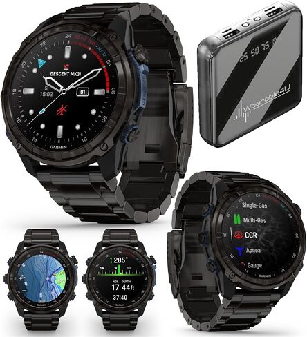 Wearable4U Garmin Descent Mk3 & Mk3i 51 مم و43 مم، كمبيوتر غوص من التيتانيوم + حزام طويل جدًا | عمر بطارية يصل إلى 25 يومًا، شاشة AMOLED، حزمة هدايا ساعة ذكية بنظام تحديد المواقع العالمي (010-02752-10) in Saudi Arabia
