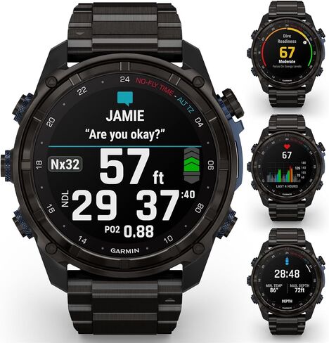 Wearable4U Garmin Descent Mk3 & Mk3i 51 مم و43 مم، كمبيوتر غوص من التيتانيوم + حزام طويل جدًا | عمر بطارية يصل إلى 25 يومًا، شاشة AMOLED، حزمة هدايا ساعة ذكية بنظام تحديد المواقع العالمي (010-02752-10) in Kuwait