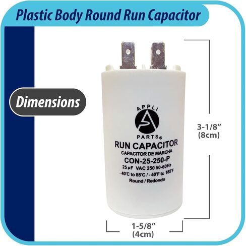 Appli Parts Run Capacitor for electric motors 25 Mfd uF (microfarads) 250VAC Plastic Case with terminals CBB60 Round Universal fit water pumps and others 3-1/8 in High 1-5/8 in Wide CON-25-250-P in Saudi Arabia