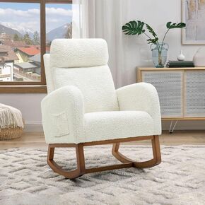Nursery Rocking Glider Chair, Modern Fabric Tall Back Accent Rocker Chair Upholstered Arm Chair w/Side Pockets, Modern Leisure Single Sofa for Living Room, Hotel, Bedroom, Office, White in Kuwait