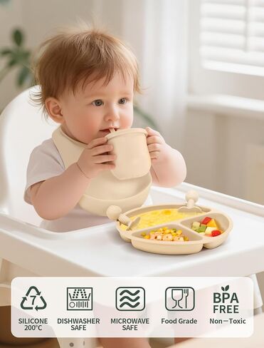 Silicone Baby Feeding Set 9 Pcs, Spill-Proof Suction Plate, Bowl, Bib, Silicone spoon&forks, Wooden Spoons&forks, Training cup with straw and Sippy Cup, Baby Eating Utensils (Green) in Saudi Arabia
