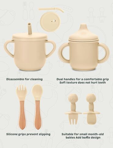 Silicone Baby Feeding Set 9 Pcs, Spill-Proof Suction Plate, Bowl, Bib, Silicone spoon&forks, Wooden Spoons&forks, Training cup with straw and Sippy Cup, Baby Eating Utensils (Green) in Saudi Arabia