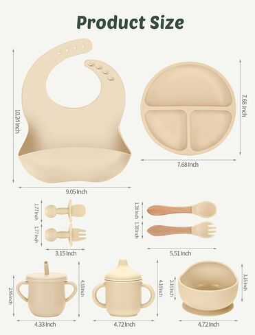 Silicone Baby Feeding Set 9 Pcs, Spill-Proof Suction Plate, Bowl, Bib, Silicone spoon&forks, Wooden Spoons&forks, Training cup with straw and Sippy Cup, Baby Eating Utensils (Green) in Saudi Arabia