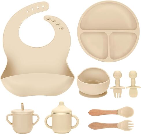 Silicone Baby Feeding Set 9 Pcs, Spill-Proof Suction Plate, Bowl, Bib, Silicone spoon&forks, Wooden Spoons&forks, Training cup with straw and Sippy Cup, Baby Eating Utensils (Green) in Saudi Arabia