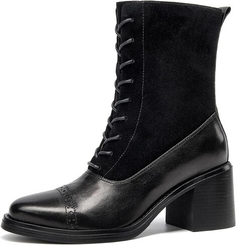 BEAU TODAY Combat Boots Womens Chunky Heel, Leather Suede Ankle Boots for Women, Lace Up Victorian Booties with Side Zipper Dress Brogue Shoes in Saudi Arabia