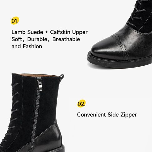 BEAU TODAY Combat Boots Womens Chunky Heel, Leather Suede Ankle Boots for Women, Lace Up Victorian Booties with Side Zipper Dress Brogue Shoes in Saudi Arabia