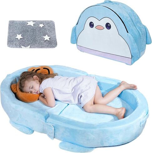 Portable Toddler Travel Bed, Toddler Floor Foldable Bed for Home, Sleeping, Camping, Washable Portable Soft Foam Crib for Kids with Blanket (Blue) in Kuwait
