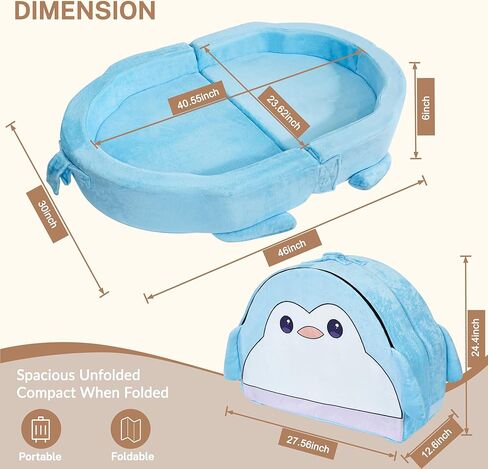 Portable Toddler Travel Bed, Toddler Floor Foldable Bed for Home, Sleeping, Camping, Washable Portable Soft Foam Crib for Kids with Blanket (Blue) in Kuwait