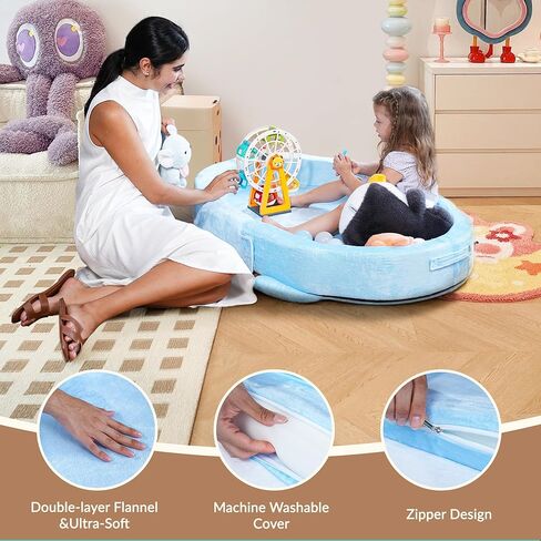 Portable Toddler Travel Bed, Toddler Floor Foldable Bed for Home, Sleeping, Camping, Washable Portable Soft Foam Crib for Kids with Blanket (Blue) in Kuwait