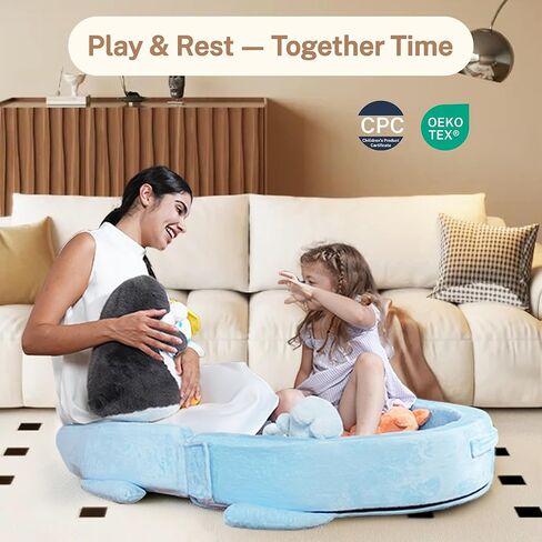 Portable Toddler Travel Bed, Toddler Floor Foldable Bed for Home, Sleeping, Camping, Washable Portable Soft Foam Crib for Kids with Blanket (Blue) in Kuwait