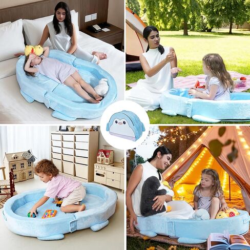 Portable Toddler Travel Bed, Toddler Floor Foldable Bed for Home, Sleeping, Camping, Washable Portable Soft Foam Crib for Kids with Blanket (Blue) in Kuwait
