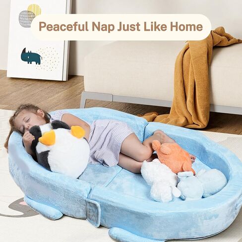 Portable Toddler Travel Bed, Toddler Floor Foldable Bed for Home, Sleeping, Camping, Washable Portable Soft Foam Crib for Kids with Blanket (Blue) in Kuwait