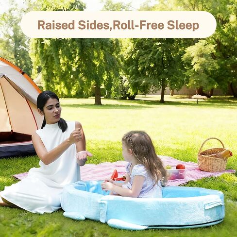 Portable Toddler Travel Bed, Toddler Floor Foldable Bed for Home, Sleeping, Camping, Washable Portable Soft Foam Crib for Kids with Blanket (Blue) in Kuwait