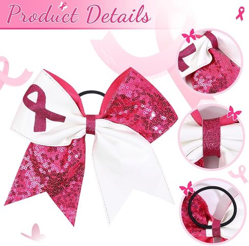 7" Breast Cancer Awareness Large Bow Pink Glitter Hair Bow With Ponytail Holder For Women Girls Breast Cancer Month in Kuwait
