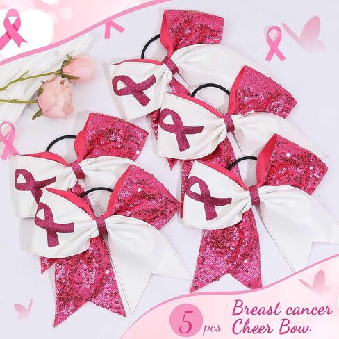 7" Breast Cancer Awareness Large Bow Pink Glitter Hair Bow With Ponytail Holder For Women Girls Breast Cancer Month in Kuwait