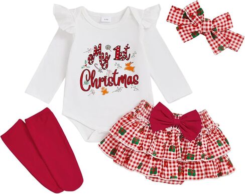 PUHHAPIEY My First Christmas Baby Girl Outfit Newborn Onesie Tutu Skirt Set | 0 3 6 12 18 Month Girl, My 1st Christmas Romper Onesie + Bloomers Tutu Skirt + Socks + Headband, 4pcs Christmas Clothes in Saudi Arabia