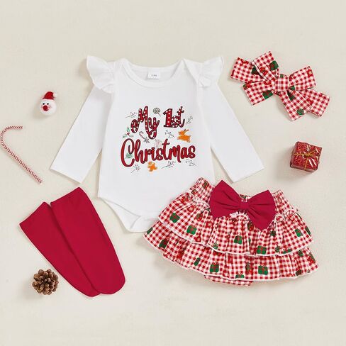 PUHHAPIEY My First Christmas Baby Girl Outfit Newborn Onesie Tutu Skirt Set | 0 3 6 12 18 Month Girl, My 1st Christmas Romper Onesie + Bloomers Tutu Skirt + Socks + Headband, 4pcs Christmas Clothes in Saudi Arabia