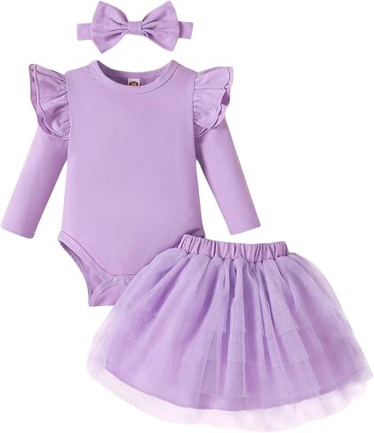 Baby Girl Ruffle Romper Tutu Dress Set Fall Winter 0-18M | Soft breathable fabric, 4-layer tulle skirt, long sleeve romper, bow headband included, Daily wear baptismal holidays in Saudi Arabia