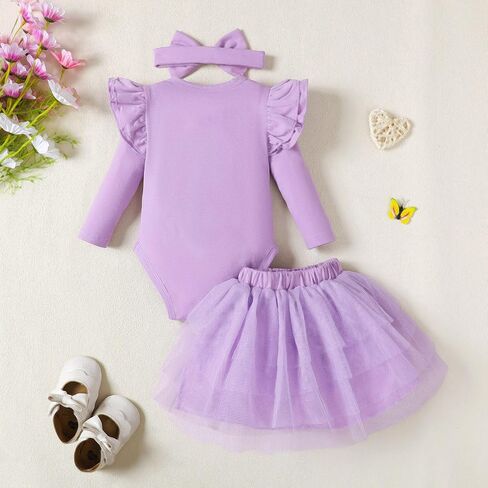 Baby Girl Ruffle Romper Tutu Dress Set Fall Winter 0-18M | Soft breathable fabric, 4-layer tulle skirt, long sleeve romper, bow headband included, Daily wear baptismal holidays in Saudi Arabia