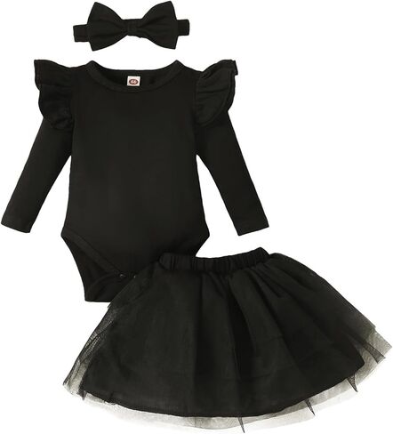 طفلة كشكش كم رومبير فستان الوليد بلون فستان القوس الزي الرضع بذلة توتو تنورة مجموعة الملابس in Kuwait