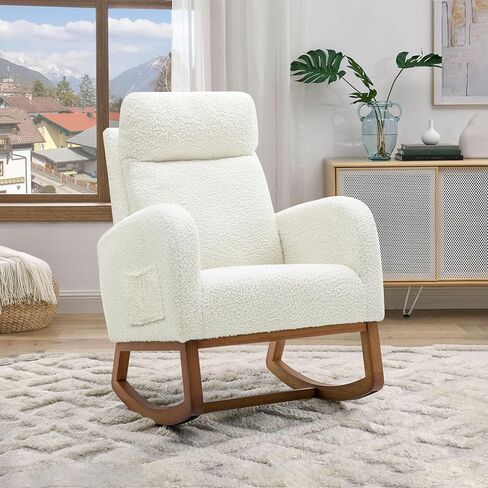 Nursery Rocking Glider Chair, Modern Fabric Tall Back Accent Rocker Chair Upholstered Arm Chair w/Side Pockets, Modern Leisure Single Sofa for Living Room, Hotel, Bedroom, Office, White in Kuwait
