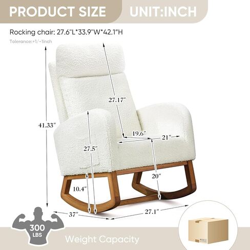 Nursery Rocking Glider Chair, Modern Fabric Tall Back Accent Rocker Chair Upholstered Arm Chair w/Side Pockets, Modern Leisure Single Sofa for Living Room, Hotel, Bedroom, Office, White in Kuwait