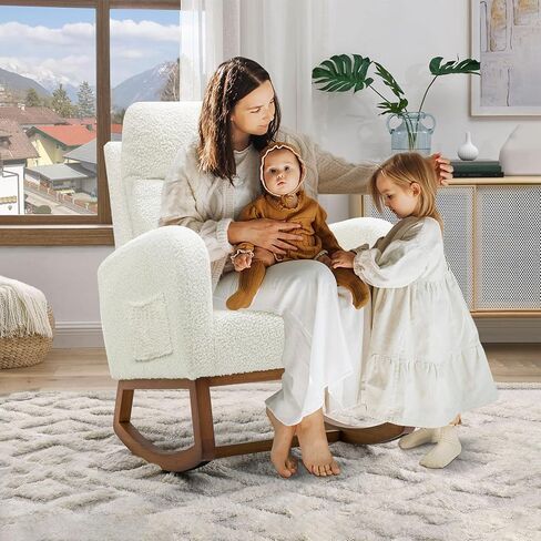 Nursery Rocking Glider Chair, Modern Fabric Tall Back Accent Rocker Chair Upholstered Arm Chair w/Side Pockets, Modern Leisure Single Sofa for Living Room, Hotel, Bedroom, Office, White in Kuwait