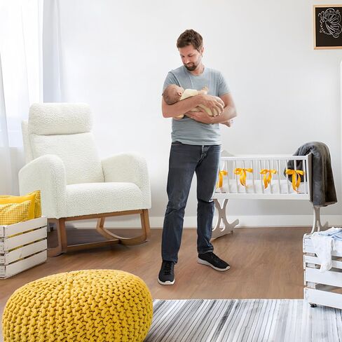 Nursery Rocking Glider Chair, Modern Fabric Tall Back Accent Rocker Chair Upholstered Arm Chair w/Side Pockets, Modern Leisure Single Sofa for Living Room, Hotel, Bedroom, Office, White in Kuwait