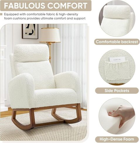 Nursery Rocking Glider Chair, Modern Fabric Tall Back Accent Rocker Chair Upholstered Arm Chair w/Side Pockets, Modern Leisure Single Sofa for Living Room, Hotel, Bedroom, Office, White in Kuwait