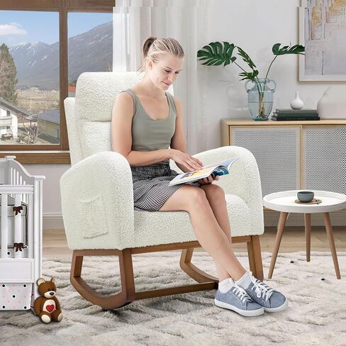 Nursery Rocking Glider Chair, Modern Fabric Tall Back Accent Rocker Chair Upholstered Arm Chair w/Side Pockets, Modern Leisure Single Sofa for Living Room, Hotel, Bedroom, Office, White in Kuwait