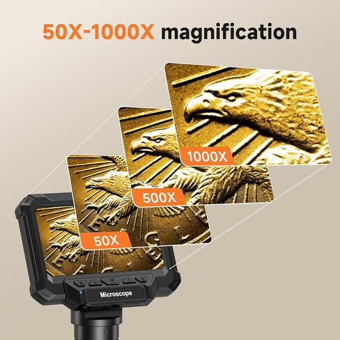 مجهر العملة 4.3 بوصة - تكبير يصل إلى 1000X، شاشة قابلة لإعادة الشحن، حلقة 8 LED ومصباحين مساعدين، فيديو 1080 بكسل، توصيل USB من النوع C بالكمبيوتر، صورة JPG، فحص محمول للعملات المعدنية الخطأ in Kuwait