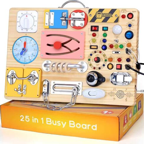 Busy Board with 19 LED Light Switches, Montessori Toys for 1 2 3 Years Old, Wooden Sensory Board, Toddlers Toys Activity Travel Toys for 1 2 3 Year Old Boy & Girl Birthday Gift (Big) in Kuwait