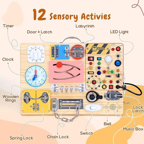 Busy Board with 19 LED Light Switches, Montessori Toys for 1 2 3 Years Old, Wooden Sensory Board, Toddlers Toys Activity Travel Toys for 1 2 3 Year Old Boy & Girl Birthday Gift (Big) in Kuwait