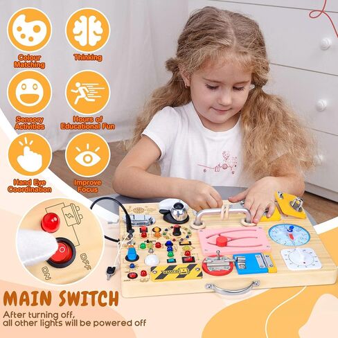 Busy Board with 19 LED Light Switches, Montessori Toys for 1 2 3 Years Old, Wooden Sensory Board, Toddlers Toys Activity Travel Toys for 1 2 3 Year Old Boy & Girl Birthday Gift (Big) in Kuwait