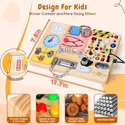 Busy Board with 19 LED Light Switches, Montessori Toys for 1 2 3 Years Old, Wooden Sensory Board, Toddlers Toys Activity Travel Toys for 1 2 3 Year Old Boy & Girl Birthday Gift (Big) in Kuwait