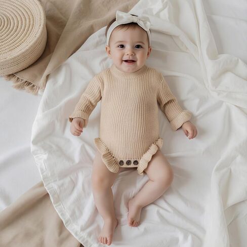 Baby Girl Knit Sweater Romper Newborn Knitted Ruffle Bubble Romper Solid Long Sleeve Sweater Bodysuit Winter Clothes in Saudi Arabia