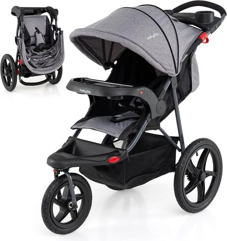 BABY JOY Jogging Stroller, Foldable Jogger Stroller with Adjustable Canopy & Backrest, Air-Filled Tires, Child & Parent Tray, Cup Holders, Storage Basket, Running Stroller for Babies Toddlers (Gray) in Saudi Arabia
