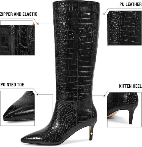 wetkiss Knee High Boots - Pointed Toe & Kitten Heel & Side Full Zipper | Suede & PU Leather, All-Day Comfort Crocodile, Party and Daily Chic Style, Fashion in Saudi Arabia