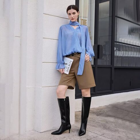 wetkiss Knee High Boots - Pointed Toe & Kitten Heel & Side Full Zipper | Suede & PU Leather, All-Day Comfort Crocodile, Party and Daily Chic Style, Fashion in Saudi Arabia