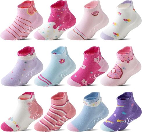 Baby Girls Boys Toddlers Kids Grips Socks 12 Pairs Non Slip Anti Skid Ankle No Show Funny Cotton Socks with Grippers in Saudi Arabia