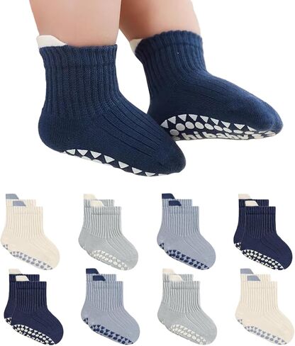 جوارب BONANGEL للأطفال مع مقابض، 8 أزواج من جوارب الكاحل القطنية غير القابلة للانزلاق للأطفال الصغار من الفتيات والأولاد والرضع والأطفال من عمر 0 ​​إلى 5 سنوات in Kuwait