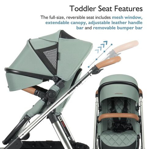 عربة أطفال Beberoad Love RX 3 في 1 مع سرير أطفال، وعربات الأطفال الصغار، وعربة أطفال حديثي الولادة قابلة للطي مع منظم، وغطاء للمطر، وغطاء للشمس والناموس 2 في 1، وسلة تخزين كبيرة (أخضر) in Kuwait