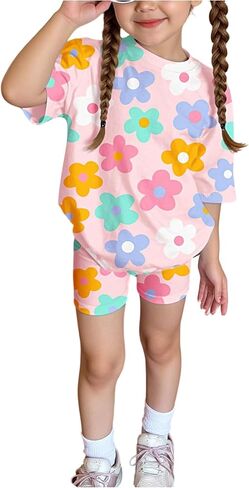 Floerns Toddler Girl's 2 Piece Cute Outfit Short Sleeve Floral T Shirts with Shorts Set in Saudi Arabia